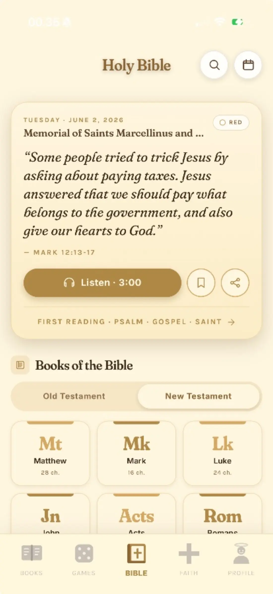 The PASCUA Holy Bible screen showing today's reading and the books of the Bible