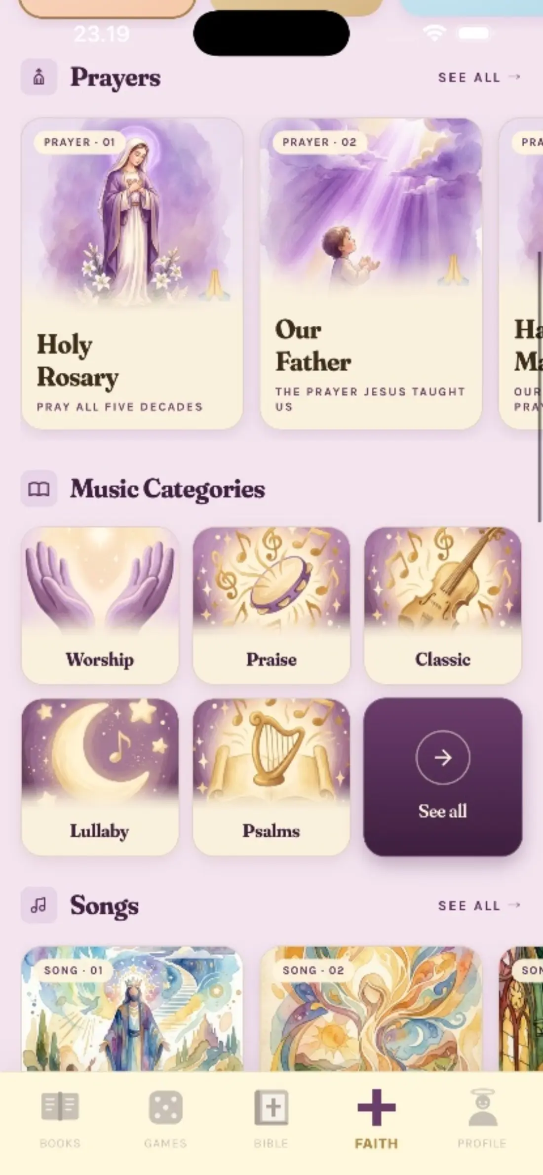 The PASCUA Faith screen showing prayers, music categories and songs