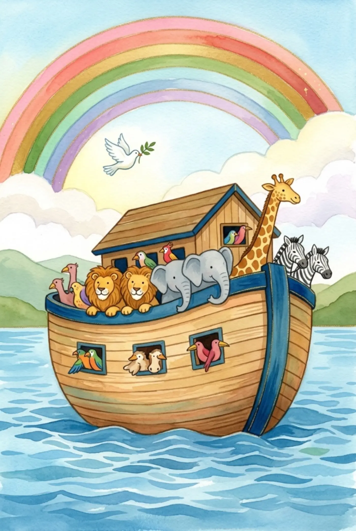 Noah's ark full of friendly animals beneath a watercolor rainbow, a dove with an olive branch overhead
